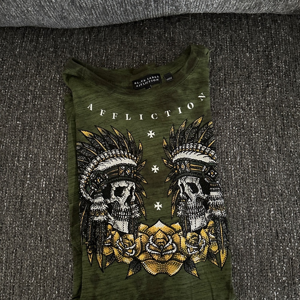 Affliction Green Tee with Skull and Feather Design